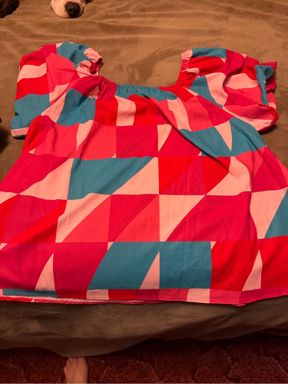Colorblock Geometric Off-Shoulder Blouse - Pink/Teal